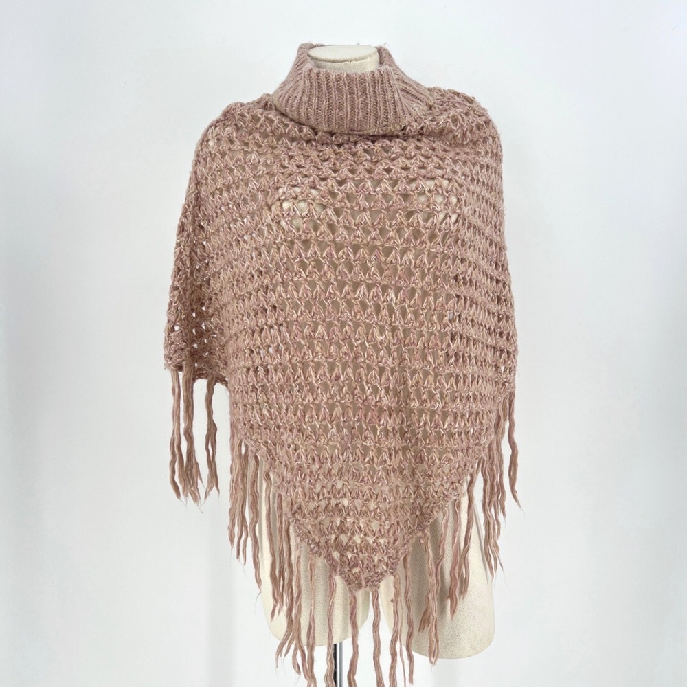 Women's Crochet Open Knit Fringe Poncho Dusty‎ Pink One Size chic